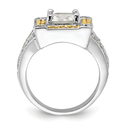 Sterling Silver Polished Yellow & Clear Cz Square Halo Ring (Size 6 Only)
