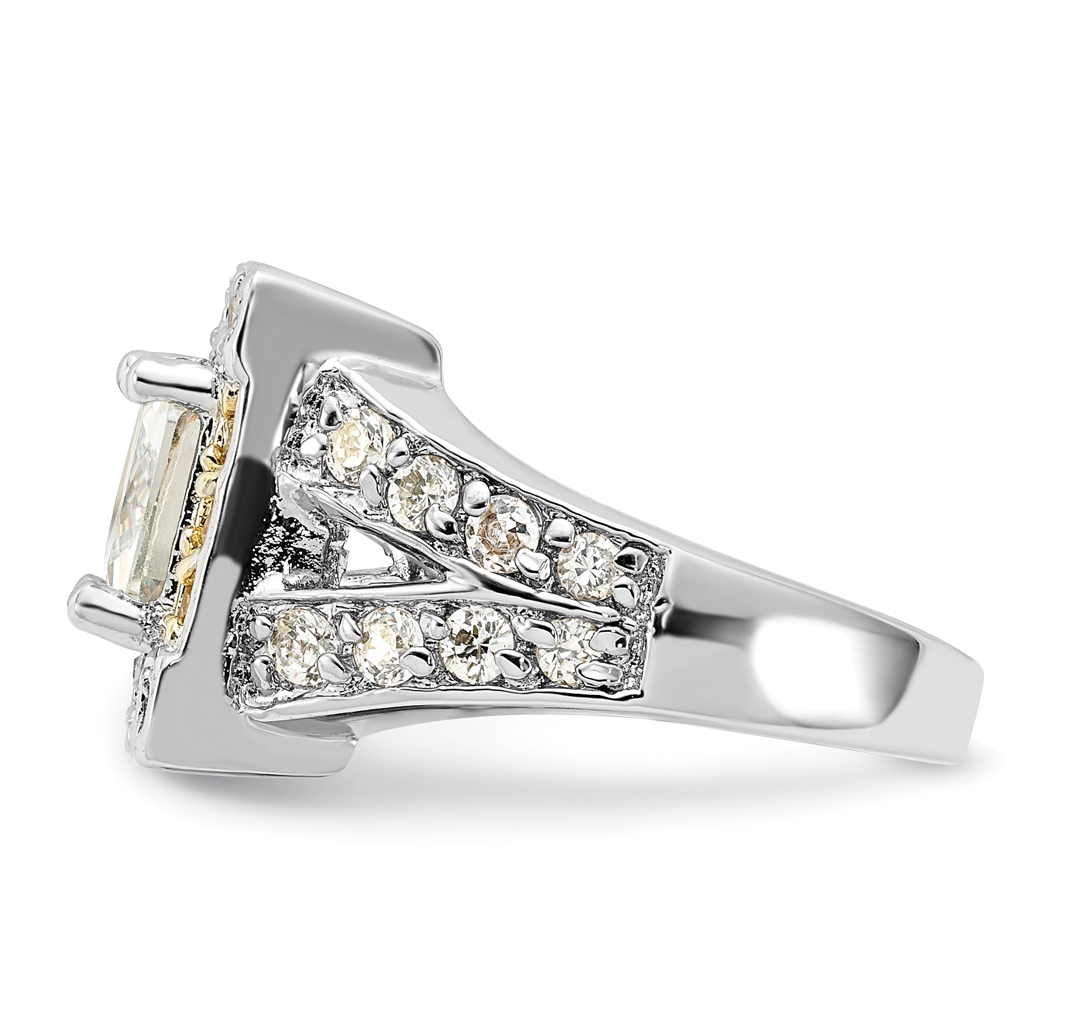 Sterling Silver Polished Yellow & Clear Cz Square Halo Ring (Size 6 Only)