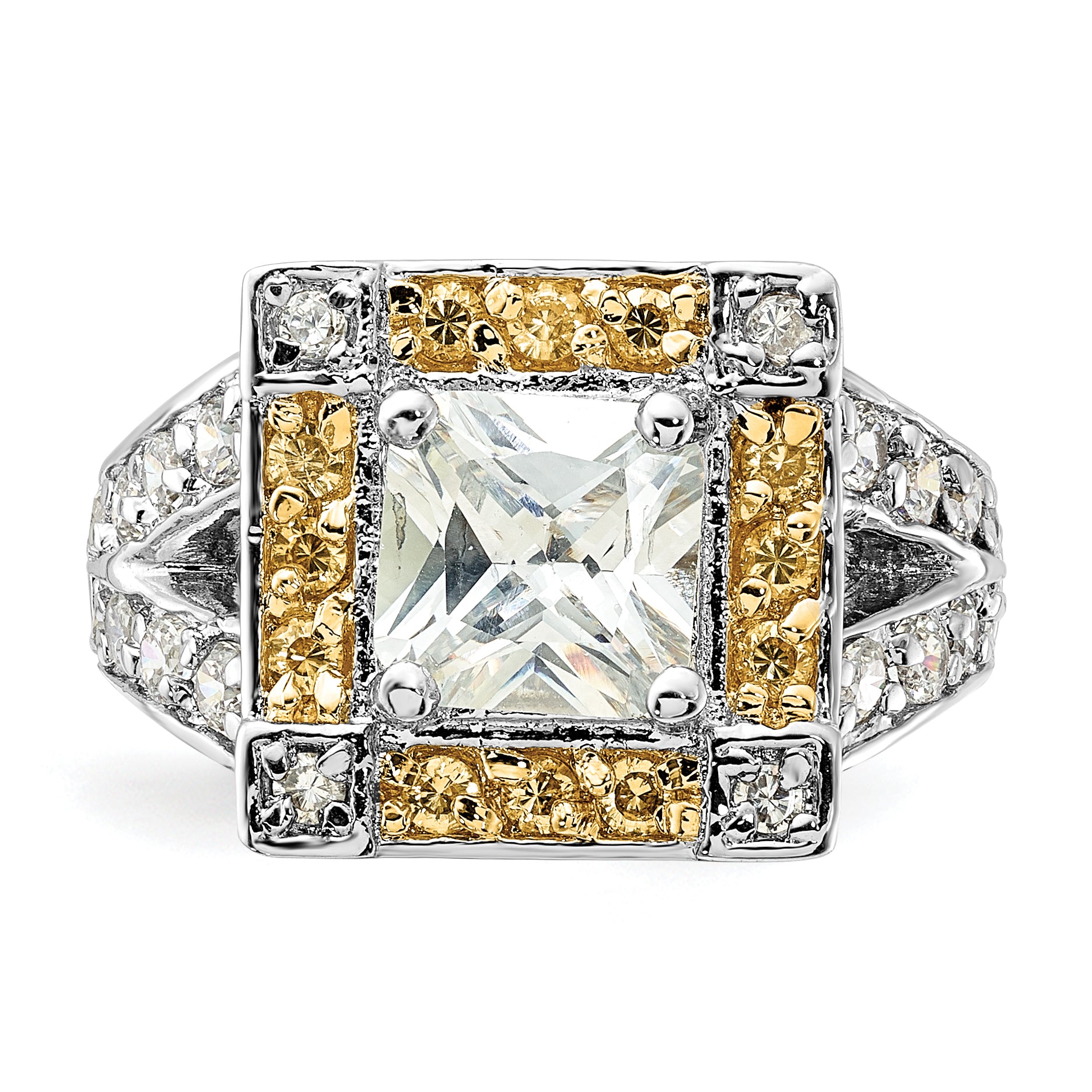 Sterling Silver Polished Yellow & Clear Cz Square Halo Ring (Size 6 Only)
