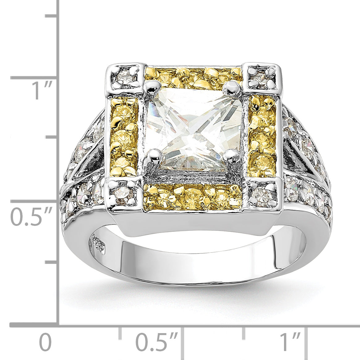 Sterling Silver Polished Yellow & Clear Cz Square Halo Ring (Size 6 Only)
