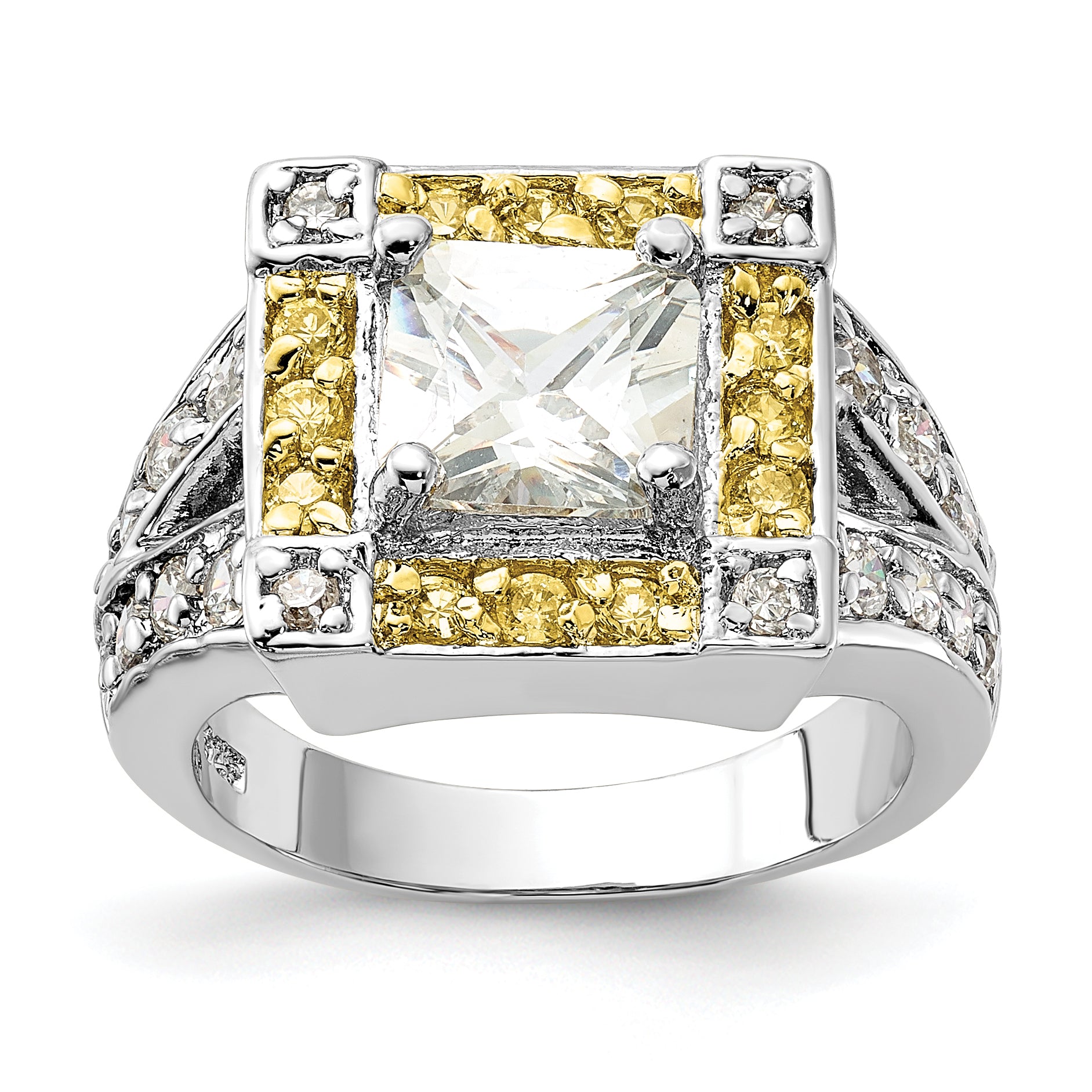 Sterling Silver Polished Yellow & Clear Cz Square Halo Ring (Size 6 Only)