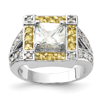 Sterling Silver Polished Yellow & Clear Cz Square Halo Ring (Size 6 Only)
