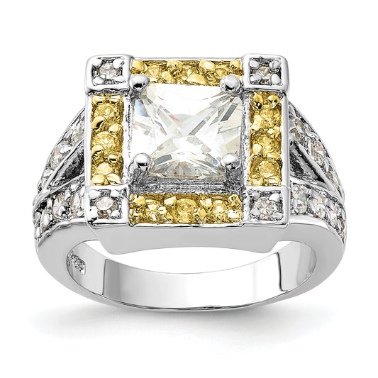 Sterling Silver Polished Yellow & Clear Cz Square Halo Ring (Size 6 Only)