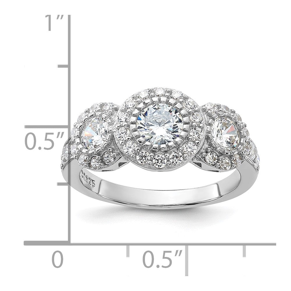 Sterling Silver Rhodium Plated Cz 3 Stone Ring