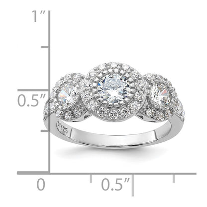 Sterling Silver Rhodium Plated Cz 3 Stone Ring