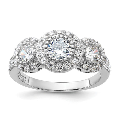 Sterling Silver Rhodium Plated Cz 3 Stone Ring