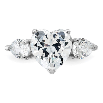 Sterling Silver Rhodium Plated Heart Shape Center Cz 3 Stone Ring
