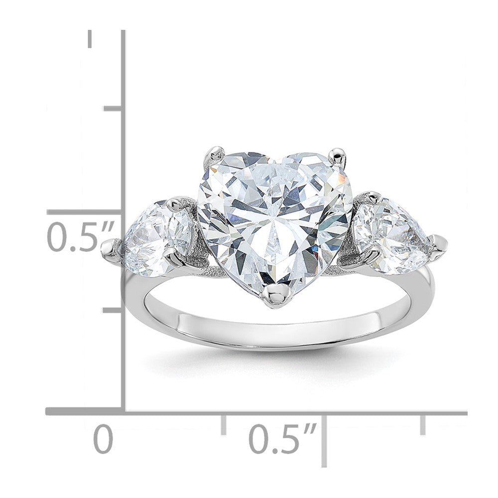 Sterling Silver Rhodium Plated Heart Shape Center Cz 3 Stone Ring