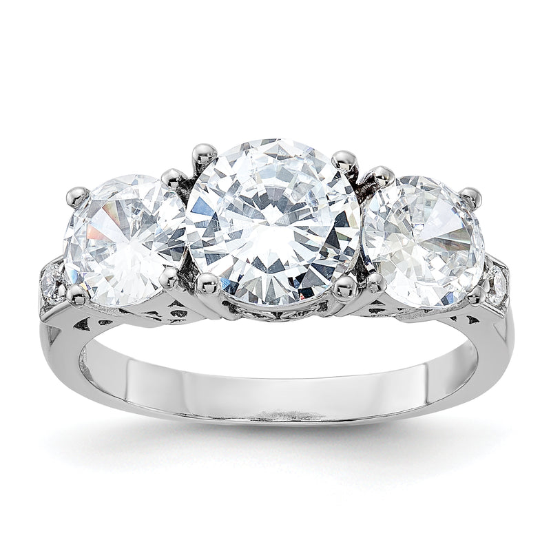 Sterling Silver Rhodium Plated 3 Stone Cz Ring