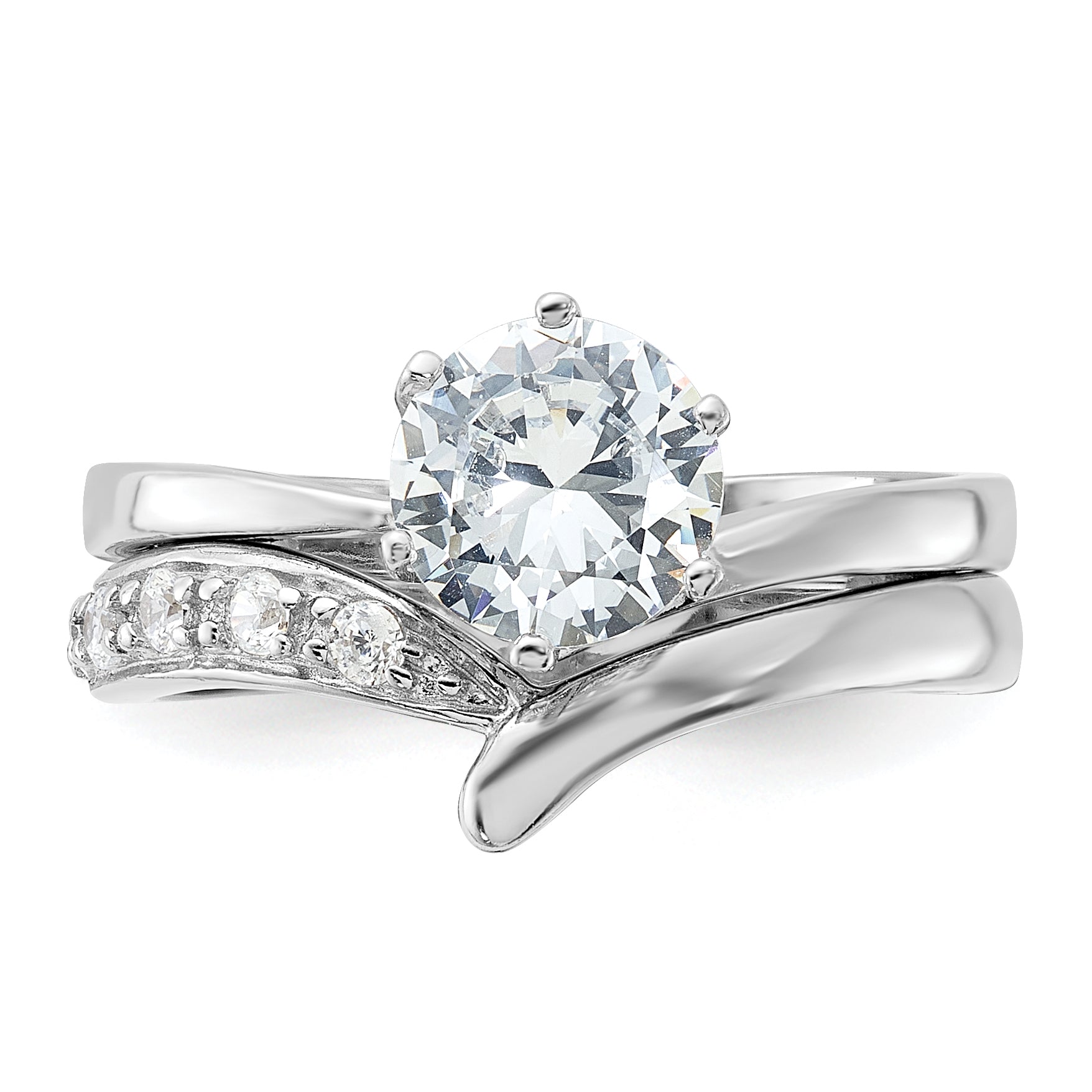 Sterling Silver Rhodium Plated 2 Piece Cz Wedding Ring Set
