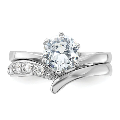 Sterling Silver Rhodium Plated 2 Piece Cz Wedding Ring Set