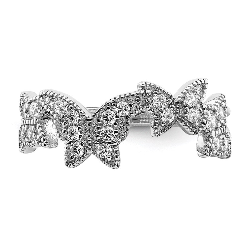 Sterling Silver Rhodium Plated Butterfly Cz Ring