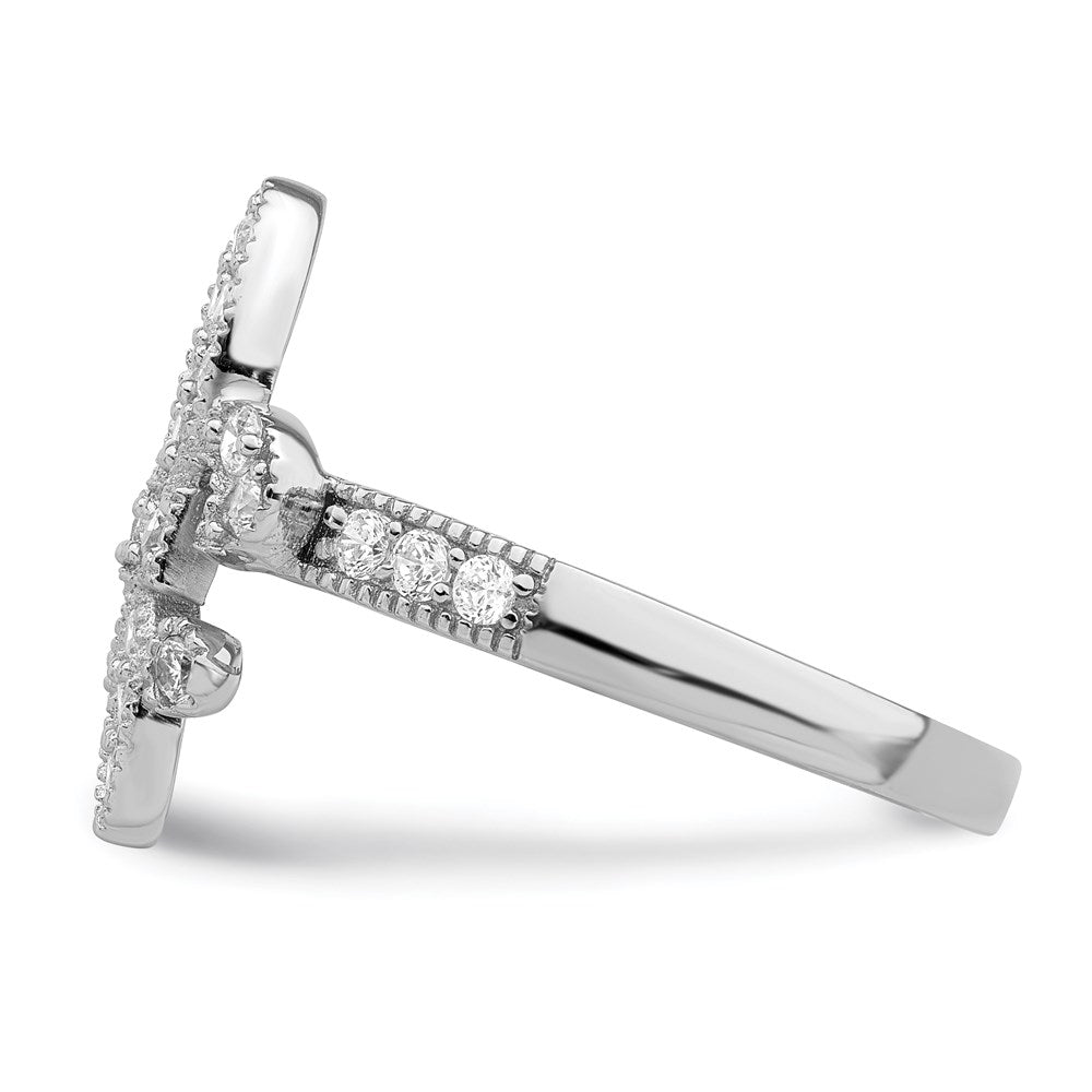 Sterling Silver Rhodium Plated Cz Fleur De Lis Ring