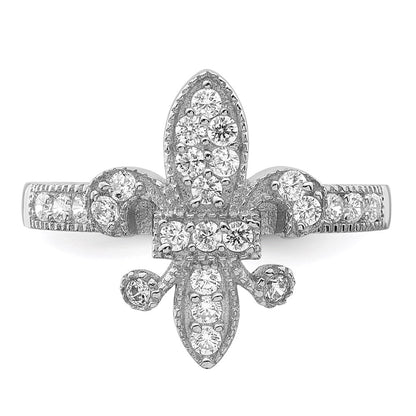 Sterling Silver Rhodium Plated Cz Fleur De Lis Ring