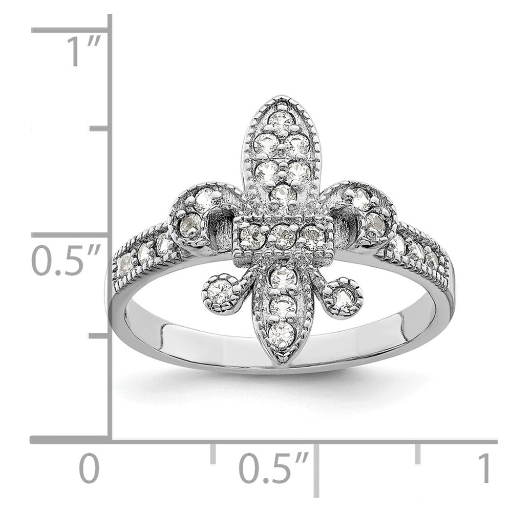 Sterling Silver Rhodium Plated Cz Fleur De Lis Ring