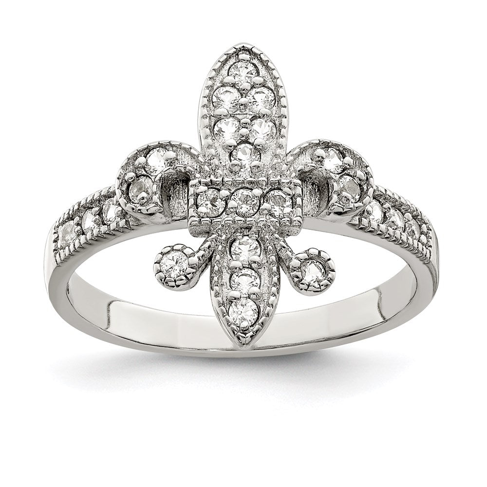Sterling Silver Rhodium Plated Cz Fleur De Lis Ring