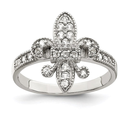Sterling Silver Rhodium Plated Cz Fleur De Lis Ring