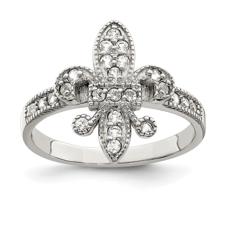 Sterling Silver Rhodium Plated Cz Fleur De Lis Ring