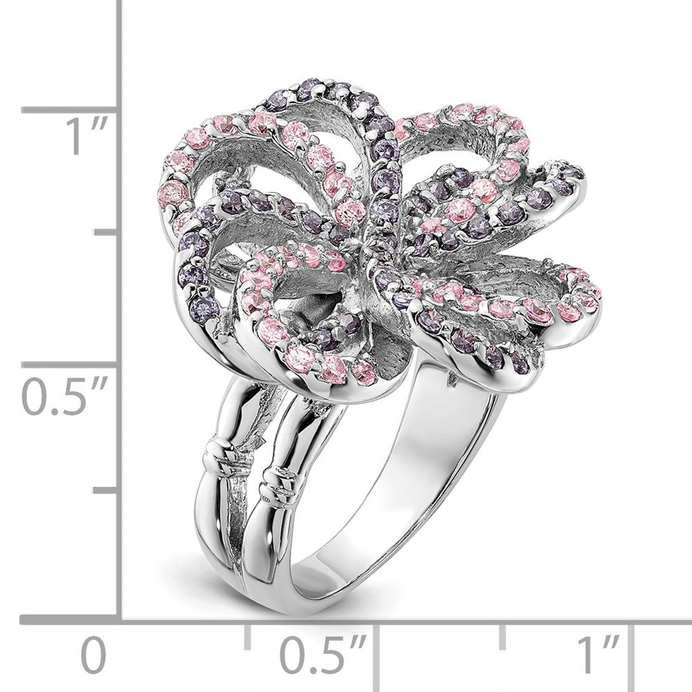 Sterling Silver Polished Pink & Purple Cz Flower Ring (Size 6 Only)