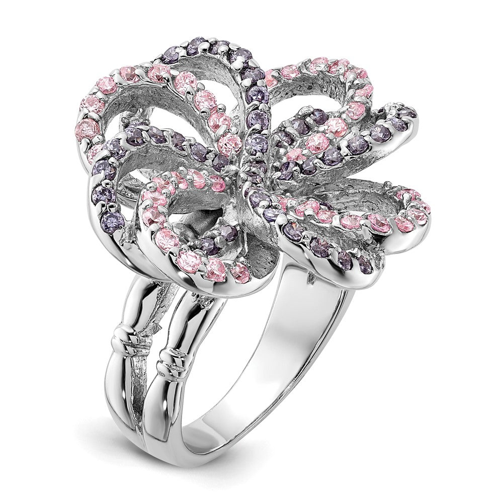 Sterling Silver Polished Pink & Purple Cz Flower Ring (Size 6 Only)