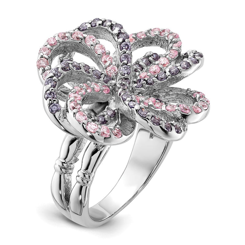 Sterling Silver Polished Pink & Purple Cz Flower Ring (Size 6 Only)