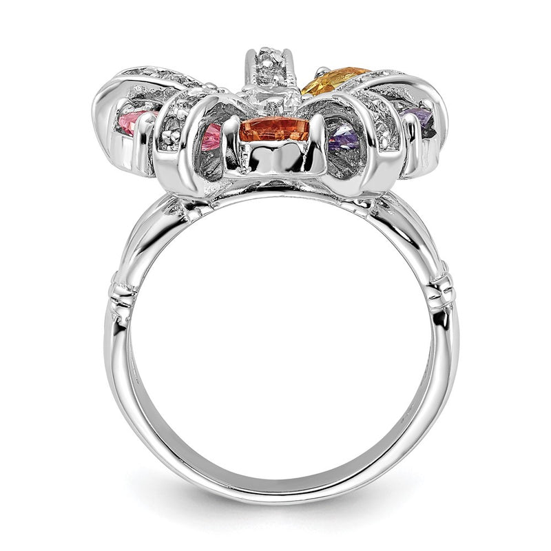 Sterling Silver Polished Multi Color Cz Floral Ring (Size 7 Only)