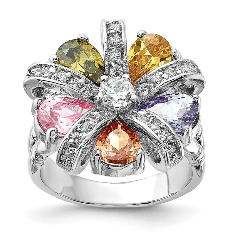 Sterling Silver Polished Multi Color Cz Floral Ring (Size 7 Only)