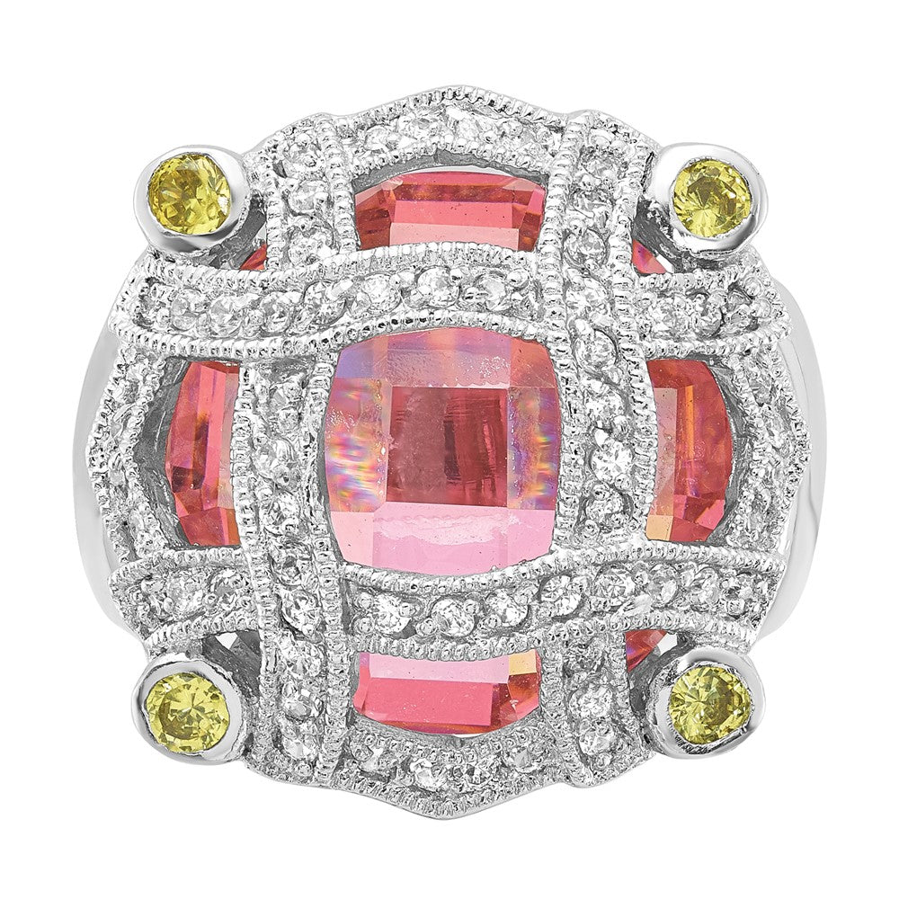 Sterling Silver Pink Glass & Cz Ring (Size 6 Only)