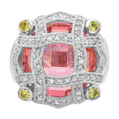 Sterling Silver Pink Glass & Cz Ring (Size 6 Only)