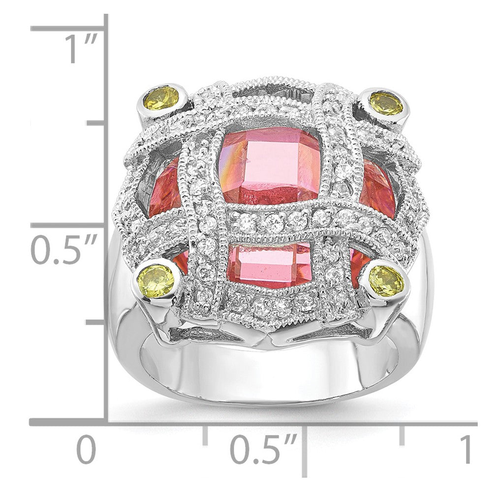 Sterling Silver Pink Glass & Cz Ring (Size 6 Only)