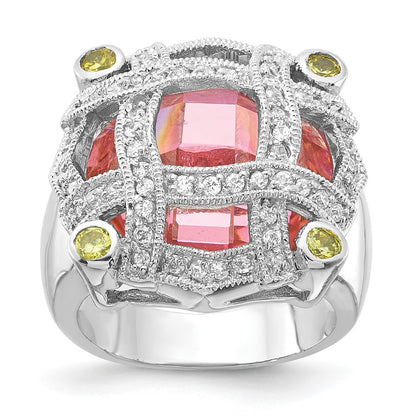 Sterling Silver Pink Glass & Cz Ring (Size 6 Only)