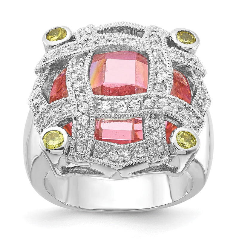 Sterling Silver Pink Glass & Cz Ring (Size 6 Only)
