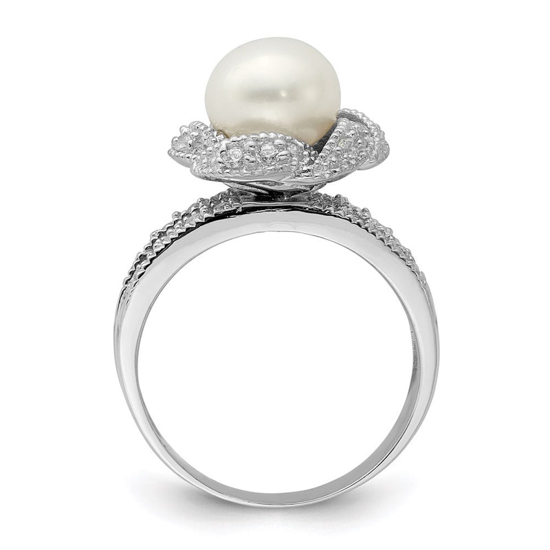 Sterling Silver Rhodium Plated Simulated Pearl And Cz Ring (Size 6 Only)