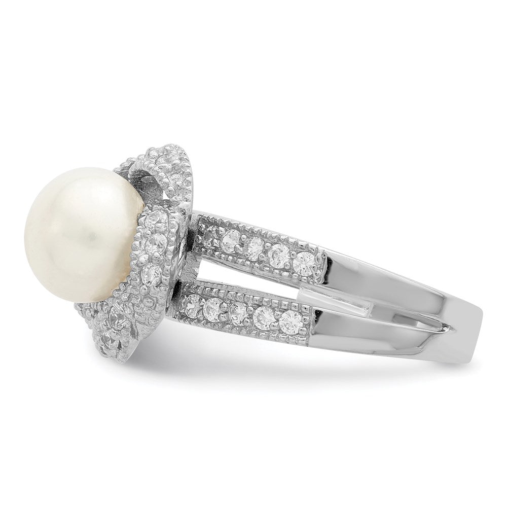 Sterling Silver Rhodium Plated Simulated Pearl And Cz Ring (Size 6 Only)