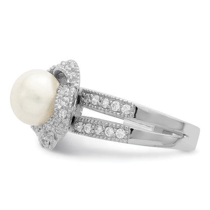 Sterling Silver Rhodium Plated Simulated Pearl And Cz Ring (Size 6 Only)