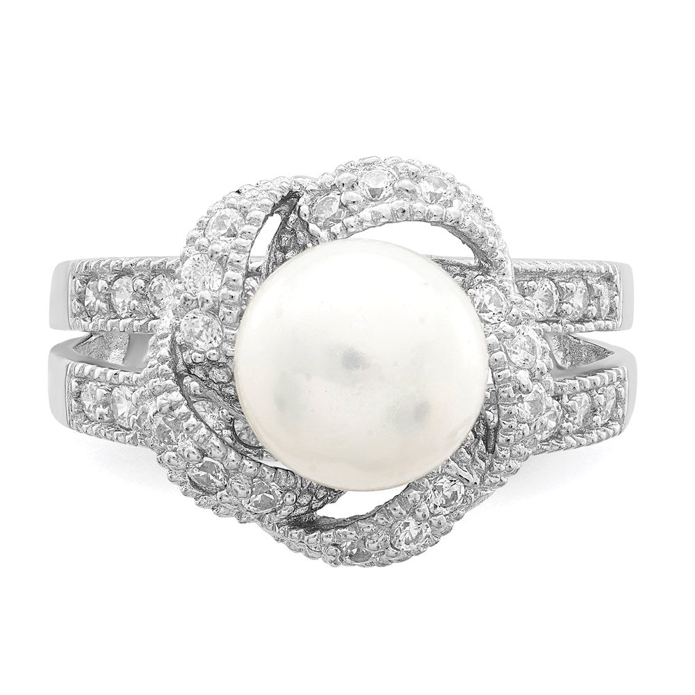 Sterling Silver Rhodium Plated Simulated Pearl And Cz Ring (Size 6 Only)