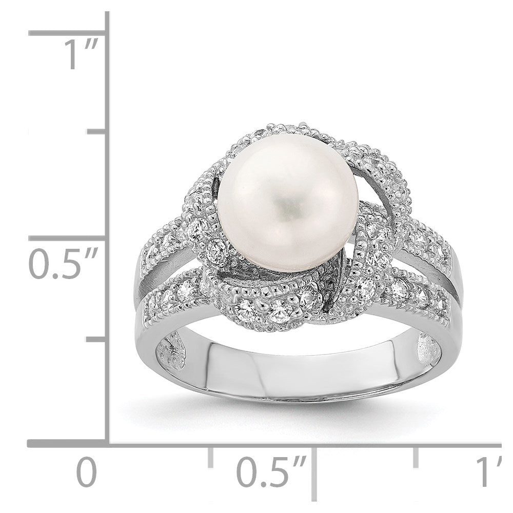 Sterling Silver Rhodium Plated Simulated Pearl And Cz Ring (Size 6 Only)