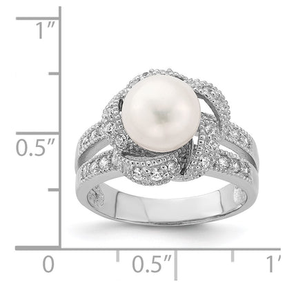 Sterling Silver Rhodium Plated Simulated Pearl And Cz Ring (Size 6 Only)