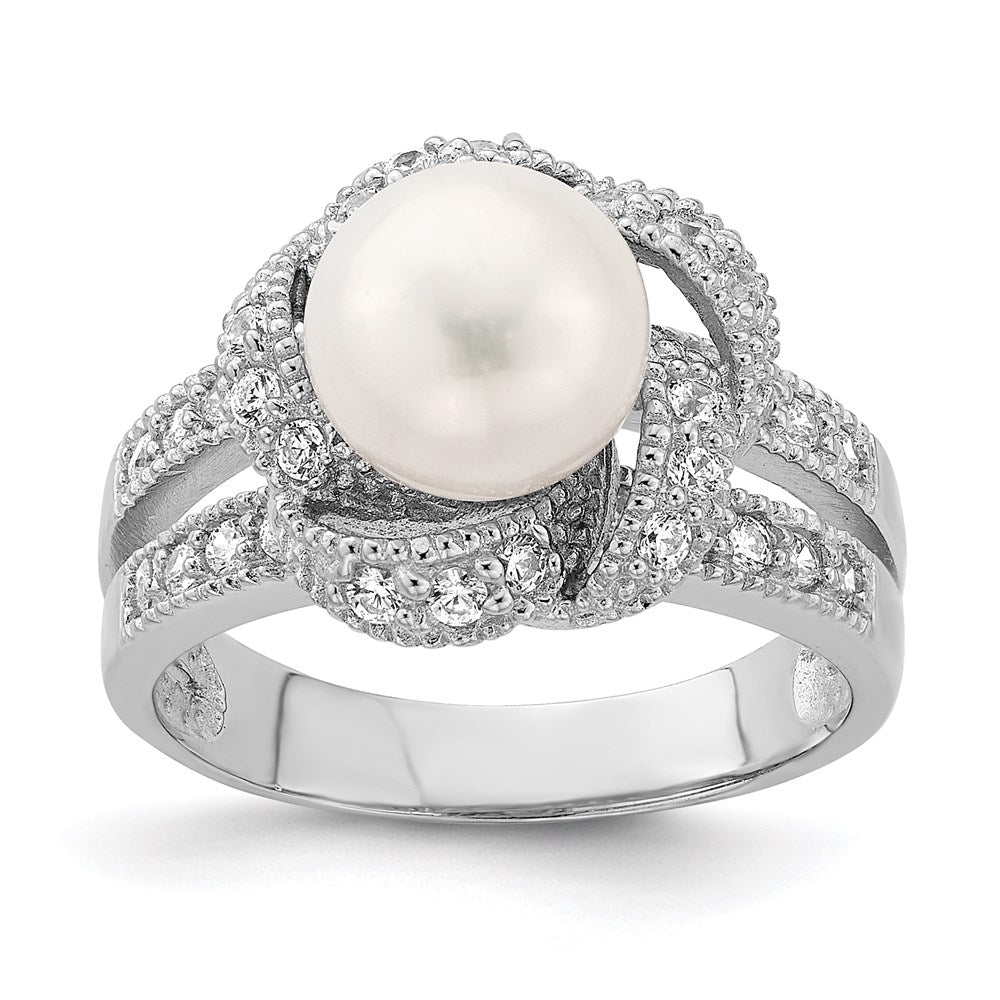Sterling Silver Rhodium Plated Simulated Pearl And Cz Ring (Size 6 Only)