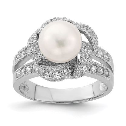 Sterling Silver Rhodium Plated Simulated Pearl And Cz Ring (Size 6 Only)