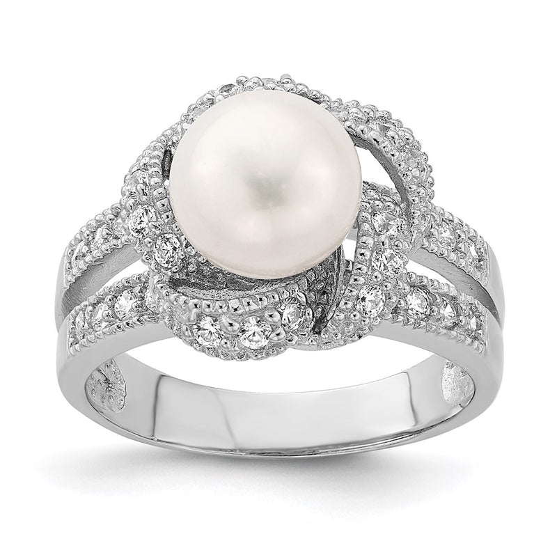 Sterling Silver Rhodium Plated Simulated Pearl And Cz Ring (Size 6 Only)
