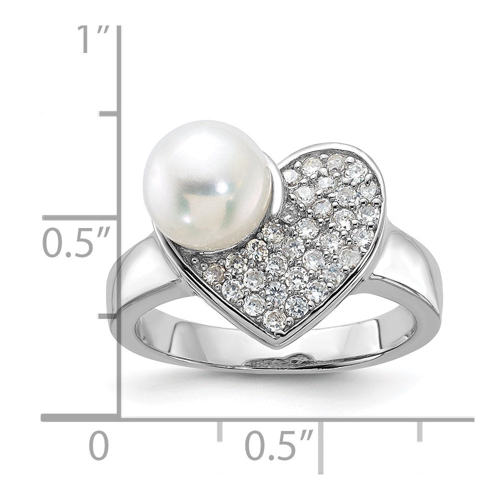 Sterling Silver Simulated Pearl And Cz Heart Ring (Size 8 Only)