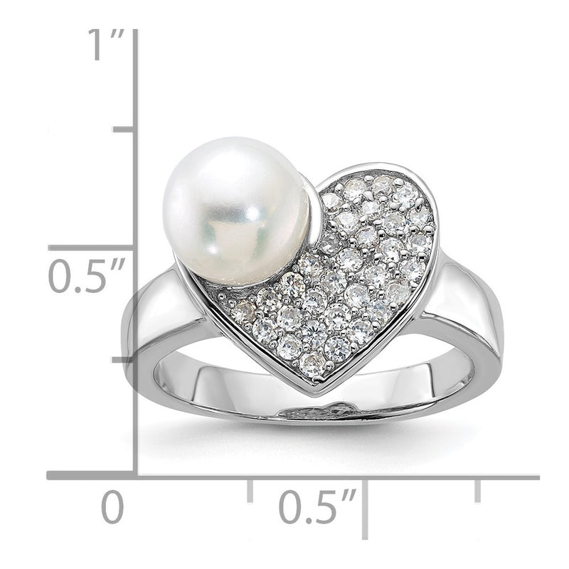 Sterling Silver Simulated Pearl And Cz Heart Ring (Size 8 Only)