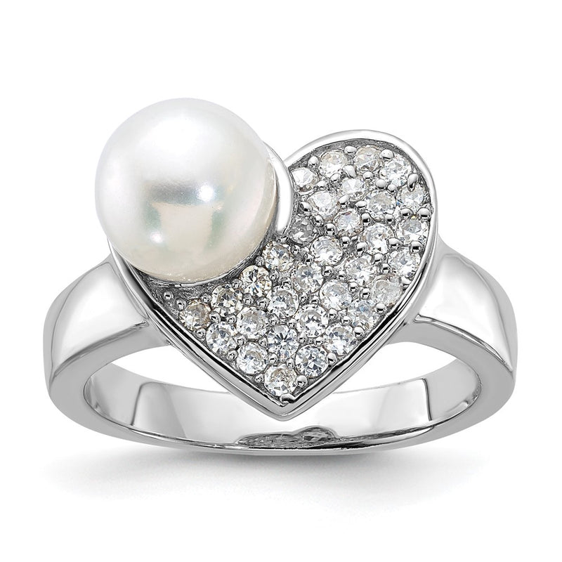 Sterling Silver Simulated Pearl And Cz Heart Ring (Size 8 Only)