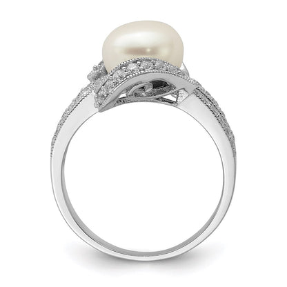 Sterling Silver Rhodium Plated Simulated Pearl And Cz Ring