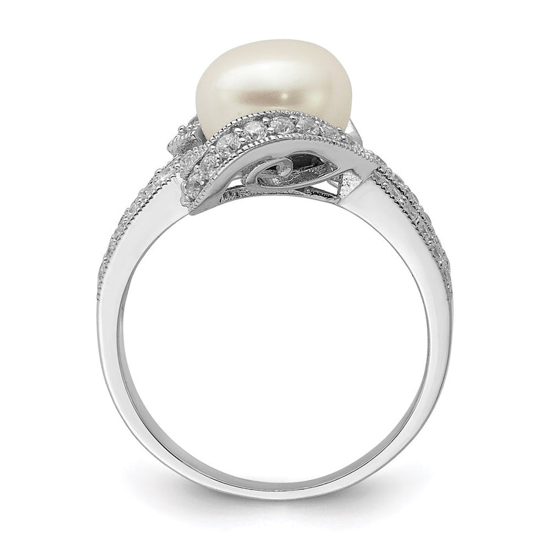Sterling Silver Rhodium Plated Simulated Pearl And Cz Ring