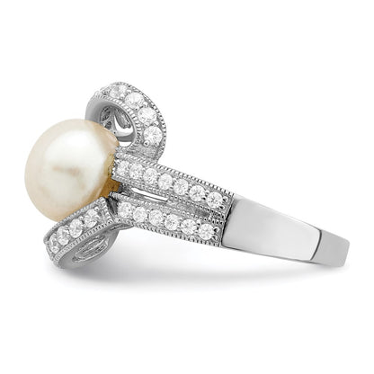 Sterling Silver Rhodium Plated Simulated Pearl And Cz Ring