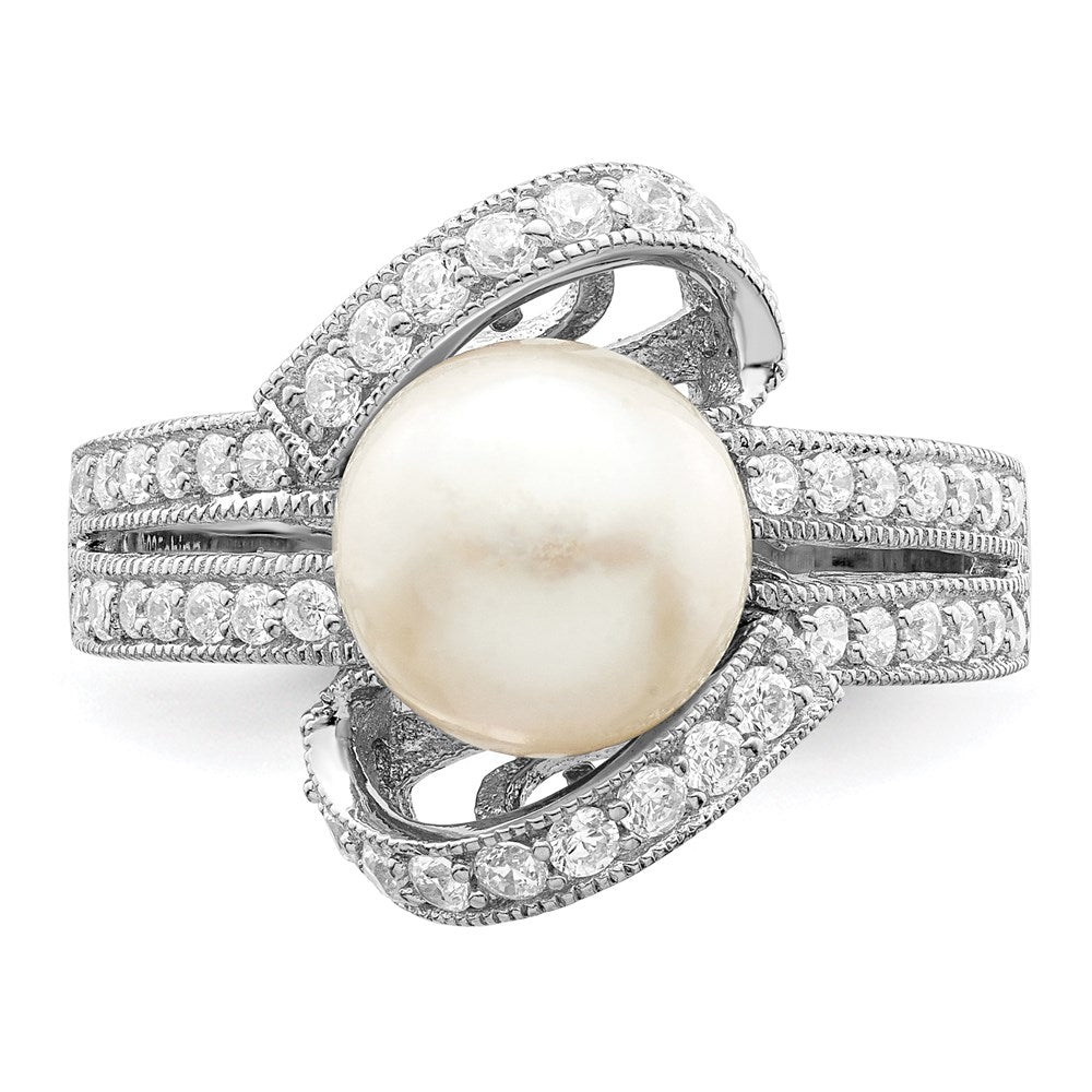 Sterling Silver Rhodium Plated Simulated Pearl And Cz Ring