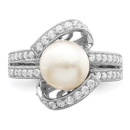 Sterling Silver Rhodium Plated Simulated Pearl And Cz Ring