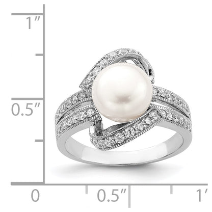 Sterling Silver Rhodium Plated Simulated Pearl And Cz Ring